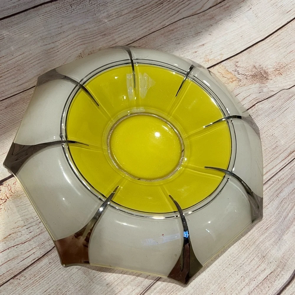 Art Deco Fired On Yellow, White and Silver Large Serving Bowl Decorative Vintage